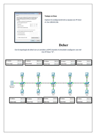 Trabajo en Clase
Capture la configuración de su equipo con IP clase
A. Con 120.0.0.116.
Deber
Con la topología de árbol con un servidor y 10 PC Usando el simulador configurar una red
Con IP Clase “A”.