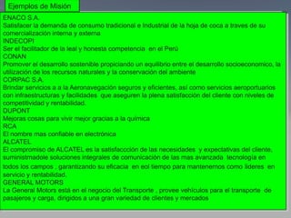 Ejemplos de Misión
El proceso se materializará y formalizará con los Planes
Estratégicos (4 años) y los Planes Operativos (1 año)
ENACO S.A.
Satisfacer la demanda de consumo tradicional e Industrial de la hoja de coca a traves de su
comercialización interna y externa
INDECOPI
Ser el facilitador de la leal y honesta competencia en el Perú
CONAN
Promover el desarrollo sostenible propiciando un equilibrio entre el desarrollo socioeconomico, la
utilización de los recursos naturales y la conservación del ambiente
CORPAC S.A.
Brindar servicios a a la Aeronavegación seguros y eficientes, así como servicios aeroportuarios
con infraestructuras y facilidades que aseguren la plena satisfacción del cliente con niveles de
competitividad y rentabilidad.
DUPONT
Mejoras cosas para vivir mejor gracias a la química
RCA
El nombre mas confiable en electrónica
ALCATEL
El compromiso de ALCATEL es la satisfaccción de las necesidades y expectativas del cliente,
suministrnadole soluciones integrales de comunicación de las mas avanzada tecnología en
todos los campos , garantizando su eficacia en eol tiempo para mantenernos como lideres en
servicio y rentabilidad.
GENERAL MOTORS
La General Motors está en el negocio del Transporte , provee vehículos para el transporte de
pasajeros y carga, dirigidos a una gran variedad de clientes y mercados
 