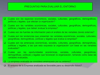 PREGUNTAS PARA EVALUAR EL ENTORNO
 Cuales son los aspectos económicos, sociales, culturales, geográficos, demográficos,
políticos y legales, que afectan la organización?
 Cuales son las variables económicas, sociales, culturales, geográficas, demográficas,
políticas y legales, que deben evaluar la empresa?
 Cuales son las fuentes de información para el análisis de las variables claves externas?
 Cuales son las tendencias que presentan las variables económicas, sociales, culturales,
geográficas, demográficas, políticas y legales que evalúa la empresa?
 Cuales son las amenazas económicas, sociales, culturales, geográficas, demográficas,
políticas y legales, a las que esta expuesta la organización con base en las variables
evaluadas?
 Cuales son las oportunidades económicas, sociales, culturales, geográficas,
demográficas, políticas y legales que favorecen la organización, tomando como base las
variables evaluadas.
 La empresa evaluada se considera amenazada por su entorno?
 El entorno de la Empresa analizada es favorable para su desarrollo futuro?
 