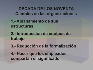 DECADA DE LOS NOVENTA
Cambios en las organizaciones
1.- Aplanamiento de sus
estructuras
2.- Introducción de equipos de
trabajo
3.- Reducción de la formalización
4.- Hacer que los empleados
compartan el significado
 