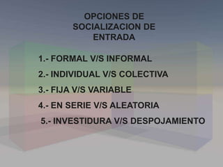 OPCIONES DE
SOCIALIZACION DE
ENTRADA
1.- FORMAL V/S INFORMAL
2.- INDIVIDUAL V/S COLECTIVA
3.- FIJA V/S VARIABLE
4.- EN SERIE V/S ALEATORIA
5.- INVESTIDURA V/S DESPOJAMIENTO
 