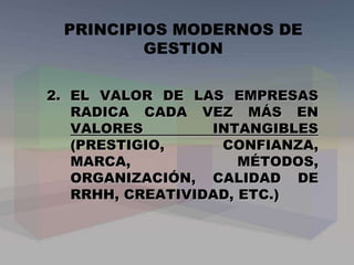 2. EL VALOR DE LAS EMPRESAS
RADICA CADA VEZ MÁS EN
VALORES INTANGIBLES
(PRESTIGIO, CONFIANZA,
MARCA, MÉTODOS,
ORGANIZACIÓN, CALIDAD DE
RRHH, CREATIVIDAD, ETC.)
PRINCIPIOS MODERNOS DE
GESTION
 
