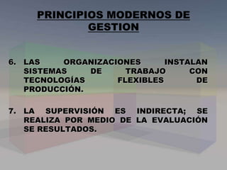 6. LAS ORGANIZACIONES INSTALAN
SISTEMAS DE TRABAJO CON
TECNOLOGÍAS FLEXIBLES DE
PRODUCCIÓN.
7. LA SUPERVISIÓN ES INDIRECTA; SE
REALIZA POR MEDIO DE LA EVALUACIÓN
SE RESULTADOS.
PRINCIPIOS MODERNOS DE
GESTION
 