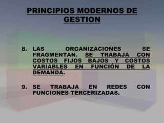 8. LAS ORGANIZACIONES SE
FRAGMENTAN. SE TRABAJA CON
COSTOS FIJOS BAJOS Y COSTOS
VARIABLES EN FUNCIÓN DE LA
DEMANDA.
9. SE TRABAJA EN REDES CON
FUNCIONES TERCERIZADAS.
PRINCIPIOS MODERNOS DE
GESTION
 