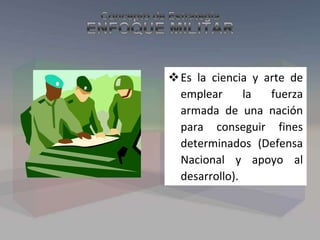 Es la ciencia y arte de
emplear la fuerza
armada de una nación
para conseguir fines
determinados (Defensa
Nacional y apoyo al
desarrollo).
 