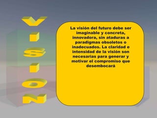 La visión del futuro debe ser
imaginable y concreta,
innovadora, sin ataduras a
paradigmas obsoletos o
inadecuados. La claridad e
intensidad de la visión son
necesarias para generar y
motivar el compromiso que
desembocará
 