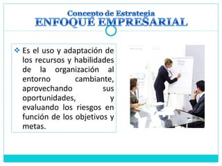  Es el uso y adaptación de
los recursos y habilidades
de la organización al
entorno cambiante,
aprovechando sus
oportunidades, y
evaluando los riesgos en
función de los objetivos y
metas.
 