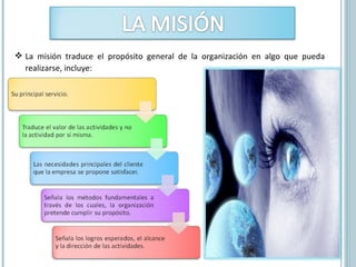  La misión traduce el propósito general de la organización en algo que pueda
realizarse, incluye:
 