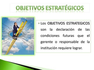  Los OBJETIVOS ESTRATEGICOS
OBJETIVOS ESTRATEGICOS
son la declaración de las
condiciones futuras que el
gerente o responsable de la
institución requiere lograr.
 