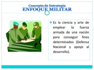  Es la ciencia y arte de
emplear la fuerza
armada de una nación
para conseguir fines
determinados (Defensa
Nacional y apoyo al
desarrollo).
 