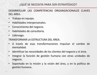 ¿QUÉ SE NECESITA PARA SER ESTRATÉGICO?
DESARROLLAR LAS COMPETENCIAS ORGANIZACIONALES CLAVES
DEL AREA.
• Trabajo en equipo.
• Habilidades interpersonales.
• Conocimiento del negocio.
• Habilidades de consultoría.
• Liderazgo.
TRANSFORMAR LA ESTRUCTURA DEL ÁREA.
• A través de esas transformaciones impulsar el cambio de
mentalidad.
• Identificar las necesidades de los clientes del negocio y el área.
• Integrar la función de gestión humana con otras unidades de
negocio.
• Soportada en la misión y la visión del área, y en la política de
gestión humana.
8

 