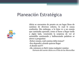 Planeación Estratégica

     Alicia se encuentra de pronto en un lugar lleno de
     caminos de diversos colores, lo cual le causa
     confusión. Sin embargo, a lo lejos ve a un conejo
     que caminaba apurado, como si fuese a llegar tarde
     a algún lado, venciendo la sorpresa de ver al
     animalillo caminando y balbuceando palabras se
     atreve a preguntar:
     -Señor conejo, cuál camino debo tomar?
     -Eso depende a donde quieras llegar
     -A donde sea!!!!
     -Ah, entonces es fácil, toma cualquier camino
        Extracto del cuento Alicia en el País de las Maravillas
 