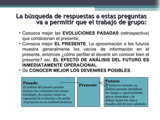La búsqueda de respuestas a estas preguntas
      va a permitir que el trabajo de grupo:
 • Conozca mejor las EVOLUCIONES PASADAS (retrospectiva)
   que condicionan el presente;
 • Conozca mejor EL PRESENTE. La aproximación a los futuros
   muestra generalmente los vacíos de información en el
   presente, entonces ¿cómo perfilar el devenir sin conocer bien el
   presente? así, EL EFECTO DE ANÁLISIS DEL FUTURO ES
   INMEDIATAMENTE OPERACIONAL.
 • De CONOCER MEJOR LOS DEVENIRES POSIBLES.

   Pasado                                              Futuro
   El análisis del pasado permite
                                            Presente   El futuro es incierto, su
                                                       análisis permite identificar
   conocer las constantes del campo
                                                       los riesgos y oportunidades
   estudiado, de conocer mejor su
                                                       que se presentan y de
   capacidad de evolución y de anclar
                                                       definir mejor los roles y
    el proyecto en su realidad histórica.
                                                       desafíos del devenir anhelado.
 