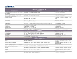 DIRECCIÒN Y TELEFONO DE SAT
DEPENDENCIA DIRECCIÓN NÚMERO TELEFÓNICO
ANEXO QUETZALTENANGO CONTRIBUYENTES
ESPECIALES
12 Avenida. 1-48, Zona 3, Casa de Piedra 7763-1030 / 7763-0930 y 35
CENTRO DE DISTRIBUCION TARJETAS DE
CIRCULACIÓN DE VEHICULOS
12 Avenida 1-48, Zona 3 Casa de Piedra 7763-1030 / 7763-0930 y 35
HUEHUETENANGO
4a. Avenida. "A", 2-45, Zona 1
7764-1206 / 7769-0545 / 7769-0630 7764-
1483
SAN MARCOS 7a. Avenida, "A" 10-04, Zona 1 7760-1302 / 7760-2604
COATEPEQUE 3a. Avenida. 9-74, Zona 2, Centro Comercial Internacional, locales 11 al 16 7775-3993 al 97 / 7775-4002
SOLOLA 10ª. Calle. y 5ª. Avenida, Zona 1 7762-4077 y 78 7762-4126
PANAJACHEL Calle Principal 2-59 Zona 2 7762-0892 y 93
TOTONICAPAN 8ª. Avenida y 7ª. Calle, Zona 3 7766-4267 / 7766-1275
QUICHE 0 Avenida 1-24, Zona 1. Santa Cruz del Quiché 7755-1248 / 7755-3143 / 7555-3027
ADUANAS
TECUN UMAN I Calle Principal Municipio de Ayutla, San Marcos 7776-6001 / 7776-8655
TECUN UMAN II Km. 251, Aldea El Triunfo, Tecún. Umán, San Marcos 7739-4040 / 7776-7185
EL CARMEN Aldea El Carmen, Malacatán San Marcos, Frontera 7772-1381 / 7772- 1365 y 72
LA MESILLA Huehuetenango, Frontera con México 7773-8563 y 72
GERENCIA REGIONAL NORORIENTE
OFICINAS TRIBUTARIAS
ZACAPA 3a. Calle, 14-36, Zona 1 7941- 8317 / 7941/ 8313 / 7941-2994 7941-
1220 al 24
DIVISION DE FISCALIZACION 16 Avenida 4-16, Zona 1 Edificio Plaza Lee Center, Segundo Nivel 7941-5916 / 7941-5918 / 7941-6362 Y 36 7941-
6570 al 72 / y 79
ZACAPA, CENTRO DE DISTRIBUCION TARJETAS
DE CIRCULACIÓN DE VEHICULOS
16 Avenida 4-16, Zona 1, Edificio Plaza Lee Center, Primer Nivel 7941-2994 / 7941-1013
SALAMA 8a. Avenida. 6-44, Zona 1. Barrio El Centro, Salama Baja Verapaz 7940-0209 / 7940-0191 / 79400192 7940-0196
COBAN 7a. Avenida 1-21 ,Zona 1. Cobán Alta Verapaz 5514-8144, 7952-1544 y 98 Omisos 5514-
5510
JALAPA 6a. Avenida y Calle Tránsito Rojas, Zona 6 7922-5018, 7922-3862 y 64
 