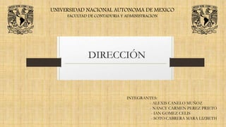 UNIVERSIDAD NACIONAL AUTONOMA DE MEXICO
FACULTAD DE CONTADURIA Y ADMINISTRACION
INTEGRANTES:
- ALEXIS CANELO MUÑOZ
- NANCY CARMEN PEREZ PRIETO
- IAN GOMEZ CELIS
- SOTO CABRERA MARA LIZBETH
 