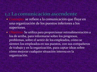 1.2 La comunicación ascendenteConcepto: se refiere a la comunicación que fluye en una organización de los puestos inferiores a los superiores.Objetivos: Se utiliza para proporcionar retroalimentación a los de arriba, para informarse sobre los progresos, problemas, sobre el sentir de los empleados, cómo se sienten los empleados en sus puestos, con sus compañeros de trabajo y en la organización, para captar ideas sobre cómo mejorar cualquier situación interna en la organización. 