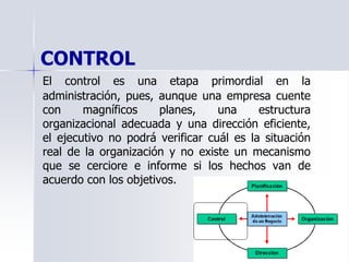CONTROL
El control es una etapa primordial en la
administración, pues, aunque una empresa cuente
con magníficos planes, una estructura
organizacional adecuada y una dirección eficiente,
el ejecutivo no podrá verificar cuál es la situación
real de la organización y no existe un mecanismo
que se cerciore e informe si los hechos van de
acuerdo con los objetivos.
 