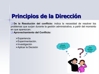 Principios de la Dirección
 De la Resolución del conflicto: indica la necesidad de resolver los
problemas que surjan durante la gestión administrativa, a partir del momento
en que aparezcan.
 Aprovechamiento del Conflicto:
Experiencia
Experimentación.
Investigación
Aplicar la Decisión
¿Donde
Iniciamos
?
¿Que
decisión
tomo?
 