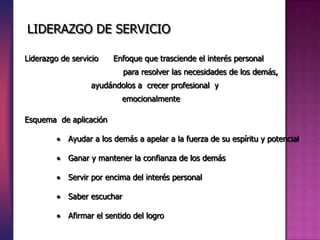 Liderazgo de servicio Enfoque que trasciende el interés personal
para resolver las necesidades de los demás,
ayudándolos a crecer profesional y
emocionalmente
Esquema de aplicación
Ayudar a los demás a apelar a la fuerza de su espíritu y potencial
Ganar y mantener la confianza de los demás
Servir por encima del interés personal
Saber escuchar
Afirmar el sentido del logro
LIDERAZGO DE SERVICIO
 