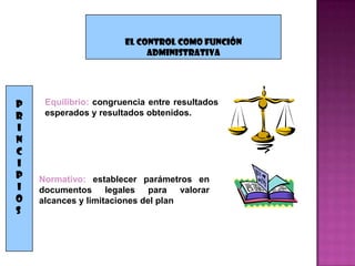 EL CONTROL COMO FUNCIÓN
ADMINISTRATIVA
P
R
I
N
C
I
P
I
O
S
Equilibrio: congruencia entre resultados
esperados y resultados obtenidos.
Normativo: establecer parámetros en
documentos legales para valorar
alcances y limitaciones del plan
 