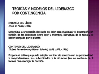 TEORÍAS Y MODELOS DEL LIDERAZGO
   POR CONTINGENCIA

EFICACIA DEL LÍDER
(Fred E. Fiedler, 1951)

Determina la orientación del estilo del líder para maximizar el desempeño en
función de las relaciones entre líder y miembro, estructura de la tarea y el
poder otorgado por el puesto


CONTINUO DEL LIDERAZGO
(Robert Tannembaum y Warren Schmidt, 1958, 1973 y 1986)

Propone el estilo que puede adoptar un líder de acuerdo con su personalidad
y comportamiento, sus subordinados y la situación (en un continuo de 7
formas para manejar la decisión
 