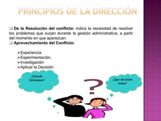  De la Resolución del conflicto: indica la necesidad de resolver
los problemas que surjan durante la gestión administrativa, a partir
del momento en que aparezcan.
 Aprovechamiento del Conflicto:

    Experiencia
    Experimentación.
    Investigación
    Aplicar la Decisión

            ¿Donde
          Iniciamos?                                    ¿Que decisión
                                                           tomo?
 