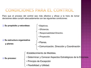 Para que el proceso del control sea más efectivo y eficaz a la hora de tomar
decisiones debe cumplir adecuadamente con las siguientes condiciones:


 Su propósito y naturaleza:         •Objetivos.
                                     • Eficiencia.
                                     • Responsabilidad Directriz.
                                     • Proyección.
 Su estructura organizativa
                                    • Planes.
  y planes:
                                    • Comunicación, Dirección y Coordinación

                        •Establecimiento de Medidas.

 Su proceso:
                        • Determinar y Conocer Aspectos Estratégicos de la Empresa.
                        • Principio de Excepción
                        • Flexibilidad y Utilidad.
 