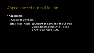 Appearance of normal fundus
• Appearance-
• r- Orange to Vermilion
Factors Responsible- 1)Amount of pigment in the Choroid
2)hexagonal epithelium of Retina
3)Choroidal vasculature.
 