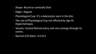 • Shape- Round or vertically Oval
• Edges- Regular
• Physiological Cup- It’s a depression seen in the disc.
• The size of Physiological Cup not affected by Age Or
Hypermetropia.
• Vessels- Central Retinal artery and vein emerge through its
centre.
• Normal C/D Ratio—0.3-0.5
 