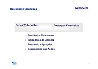 Destaques Financeiros
Resultados Financeiros
Carlos Wollenweber Destaques Financeiros
13
Resultados Financeiros
Indicadores de Liquidez
Resultado a Apropriar
Desempenho das Ações
 
