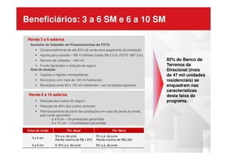 Beneficiários: 3 a 6 SM e 6 a 10 SM
Aumento do Subsídio em Financiamentos do FGTS
Comprometimento de até 20% da renda para pagamento da prestação
Aporte para subsídio – R$ 10 bilhões (União:R$ 2,5 bi, FGTS: R$7,5 bi)
Número de unidades – 400 mil
Fundo Garantidor e redução de seguro
Área de atuação
Capitais e regiões metropolitanas
Municípios com mais de 100 mil habitantes
Renda 3 a 6 salários
85% do Banco de
Terrenos da
Direcional (mais
de 47 mil unidades
residenciais) seMunicípios com mais de 100 mil habitantes
Municípios entre 50 e 100 mil habitantes – em condições especiais
Redução dos custos do seguro
Redução de 80% dos custos cartoriais
Refinanciamento de parte das prestações em caso de perda da renda
pelo fundo garantidor
- 5 a 8 sm – 24 prestações garantidas
- 8 a 10 sm – 12 prestações garantidas
Faixa de renda Fin. Atual Fin. Novo
3 a 5 sm
5% a.a. de juros
Renda máxima de R$ 1.875
5% a.a. de juros
Renda máxima de R$2.325
5 a 6 sm 8,16% a.a. de juros 6% a.a. de juros
residenciais) se
enquadram nas
características
desta faixa do
programa.
Renda 6 a 10 salários
 