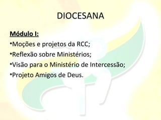 DIOCESANA
Módulo I:
•Moções e projetos da RCC;
•Reflexão sobre Ministérios;
•Visão para o Ministério de Intercessão;
•Projeto Amigos de Deus.
 