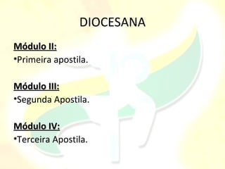 DIOCESANA
Módulo II:
•Primeira apostila.

Módulo III:
•Segunda Apostila.

Módulo IV:
•Terceira Apostila.
 