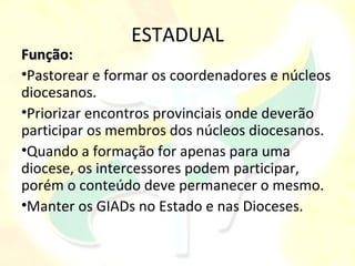 ESTADUAL
Função:
•Pastorear e formar os coordenadores e núcleos
diocesanos.
•Priorizar encontros provinciais onde deverão
participar os membros dos núcleos diocesanos.
•Quando a formação for apenas para uma
diocese, os intercessores podem participar,
porém o conteúdo deve permanecer o mesmo.
•Manter os GIADs no Estado e nas Dioceses.
 