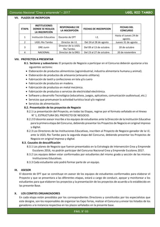 VII. PLAZOS DE INCRIPCION
ETAPA
INSTITUCIONES
DONDE SE REALIZA
LA INSCRIPCIÓN
RESPONSABLE DE
LA INSCRIPCIÓN
FECHAS DE INSCRIPCION
FECHAS DEL
CONCURSO
1 Institución Educativa Docente de EPT I.E.
Hasta el Jueves 24 de
agosto.
2 UGEL Rio Tambo Director de I.E. Del 24 al 28 de agosto Jueves 31 de agosto
3 DRE-Junín
Director de la UGEL
Rio Tambo.
Del 09 al 13 de octubre. 20 de octubre
4 NACIONAL Director de la DREJ Del 23 al 27 de octubre. 20 de noviembre
VIII. PROYECTOS A PRESENTAR
8.1. Sectores y subsectores: El proyecto de Negocio a participar en el Concurso deberán ajustarse a los
siguientes sectores:
 Elaboración de productos alimenticios (agroindustrial, industria alimentaria humana y animal).
 Elaboración de productos de artesanía (artesanía utilitaria).
 Fabricación de textil y confecciones en tela y/o cuero
 Fabricación de productos en madera.
 Fabricación de productos en metal mecánica.
 Fabricación de productos o servicios de electricidad electrónica.
 Software y desarrollo Tecnológico (educativos, juegos, aplicativos, comunicación audiovisual, etc.)
 Servicios que promuevan la actividad turística local y/o regional
 Servicios de alimentación.
8.2. Presentación de los proyectos de Negocio
8.2.1 La presentación del Proyecto, en todas las Etapas, regirse por el formato señalado en el Anexo
N° 1, ESTRUCTURA DEL PROYECTO DE NEGOCIO.
8.2.2 El docente asesor inscribe a los equipos de estudiantes ante la Dirección de la Institución Educativa
para la primera etapa del Concurso, debiendo presentar los Proyectos de Negocio en original impreso
y digital.
8.2.3 Los Directores de las Instituciones Educativas, inscriben al Proyecto de Negocio ganador de la I.E.
ante la UGEL Rio Tambo para la segunda etapa del Concurso, debiendo presentar los Proyectos de
Negocio en original impreso y digital.
8.3. Causales de descalificación
8.3.1 Los planes de Negocio que fueron presentados en la Estrategia de Intervención Crea y Emprende
Escolares 2016, no podrán participar del Concurso Nacional Crea y Emprende Escolares 2017.
8.3.2 Los equipos deben estar conformados por estudiantes del mismo grado y sección de las mismas
Instituciones Educativas.
8.3.3 Cada estudiante solo podrá formar parte de un equipo.
IX. ASESOR
El docente de EPT que se constituye en asesor de los equipos de estudiantes conformados para elaborar el
Proyecto y que se presentara a las diferentes etapas, estará a cargo de conducir, apoyar y monitorear a los
estudiantes para que elaboren los proyectos y la presentación de los proyectos de acuerdo a lo establecido en
las presente Base.
X. LOS COMITES ORGANIZADORES
En cada etapa están presididos por los correspondientes Directores y constituidos por los especialistas que
este designe, son los responsables de organizar las Expo Ferias, realizar el Concurso y enviar los listados de los
ganadores a la instancia respectiva en los plazos señalados en la presente base.
Concurso Nacional “Crea y emprende” – 2017 UGEL RIO TAMBO
Pág. N° 03
 