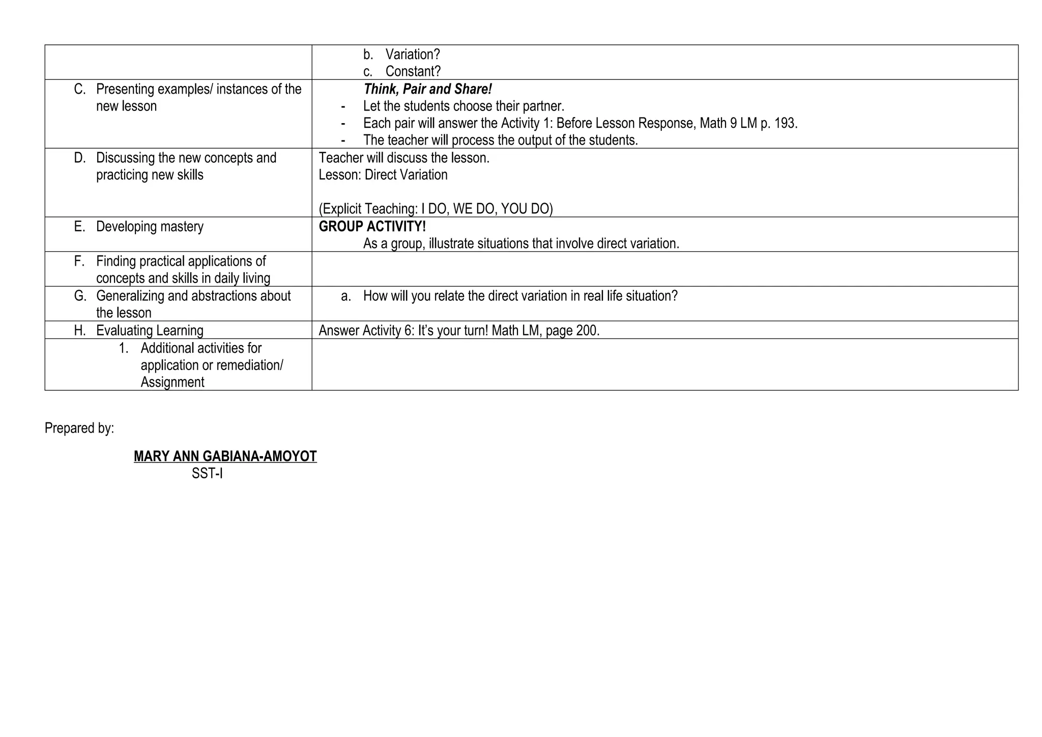 direct variation lesson plan quarter 2 math 9 | DOCX