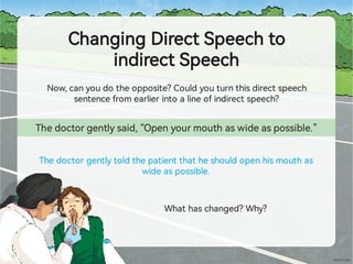 ChangingDirectSpeechto
indirectSpeech
Now,canyoudotheopposite?Couldyouturnthisdirectspeech
sentencefromearlierintoalineofindirectspeech?
Thedoctorgentlysaid,“Openyourmouthaswideaspossible.”
Thedoctorgentlytoldthepatientthatheshouldopenhismouthas
wideaspossible.
Whathaschanged?Why?
 