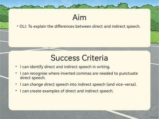 SuccessCriteria
Aim
•
•
•
Statement1Loremipsumdolorsitamet,consecteturadipiscingelit.
Statement2
Substatement
SuccessCriteria
Aim
•OLI: Toexplainthedi erencesbetweendirectandindirectspeech.
•
•
•
•
Icanidentifydirectandindirectspeechinwriting.
Icanrecognisewhereinve edcommasareneededtopunctuate
directspeech.
Icanchangedirectspeechintoindirectspeech(andvice-versa).
Icancreateexamplesofdirectandindirectspeech.
 