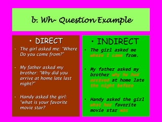 b. Wh- Question Example
• DIRECT
DIRECT
• The girl asked me: “Where
The girl asked me: “Where
Do you come from?”
Do you come from?”
• My father asked my
My father asked my
brother: “Why did you
brother: “Why did you
arrive at home late last
arrive at home late last
night?”
night?”
• Handy asked the girl:
Handy asked the girl:
“what is your favorite
“what is your favorite
movie star?
movie star?
• INDIRECT
• The girl asked me
where I came from.
• My father asked my
brother why he had
arrived at home late
the night before
• Handy asked the girl
what her favorite
movie star was
 
