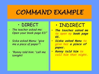 COMMAND EXAMPLE
• DIRECT
DIRECT
• The teacher asked me:
The teacher asked me:
Open your book page 65!”
Open your book page 65!”
• Siska asked Manu: “give
Siska asked Manu: “give
me a piece of paper”!
me a piece of paper”!
• “
“Ronny told him: “call me
Ronny told him: “call me
tonight!
tonight!
• INDIRECT
• The teacher asked me
to open my book page
65.
• Siska asked Manu to
give her a piece of
paper.
• Ronny told him to
call him that night.
 
