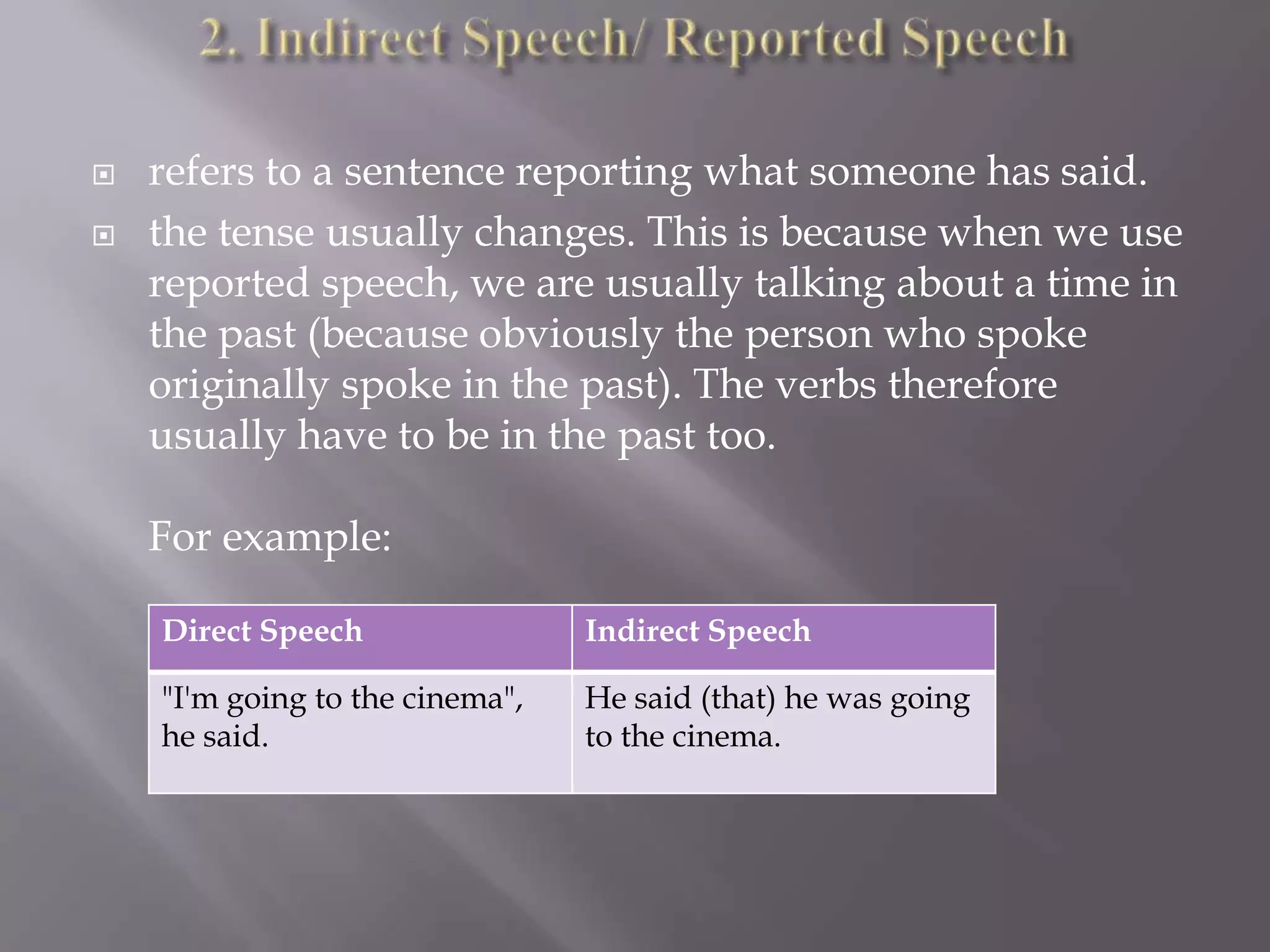 


refers to a sentence reporting what someone has said.
the tense usually changes. This is because when we use
reported speech, we are usually talking about a time in
the past (because obviously the person who spoke
originally spoke in the past). The verbs therefore
usually have to be in the past too.
For example:
Direct Speech

Indirect Speech

"I'm going to the cinema",
he said.

He said (that) he was going
to the cinema.

 