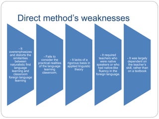 Direct method’s weaknesses
- It
overemphasizes
and distorts the
similarities
between
naturalistic first
language
learning and
classroom
foreign language
learning
- Fails to
consider the
practical realities
of the language
learning
classroom.
- It lacks of a
rigorous basis in
applied linguistic
theory
- It required
teachers who
were native
speakers or who
had native-like
fluency in the
foreign language.
- It was largely
dependent on
the teacher’s
skill, rather than
on a textbook
 