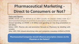 Pharmaceutical Marketing -
Direct to Consumers or Not?
Facts and Figures:
DTCPA: DTCPA can be defined as an effort (usually via popular media) made by a
pharmaceutical company to promote its prescription products directly to patients
Annual Spending on DTCPA is $4 Billion and spending on new drug promotions is
$25 Billion
Before 1997, Pharma ads and promotion focused on Physicians by detailing with
samples
After 1997, FDA relaxed advertising rules and companies nowadays shifted to DTCPA
Pharmaceutical Companies should influence prescription choices via the
Physician or the Patient?
 