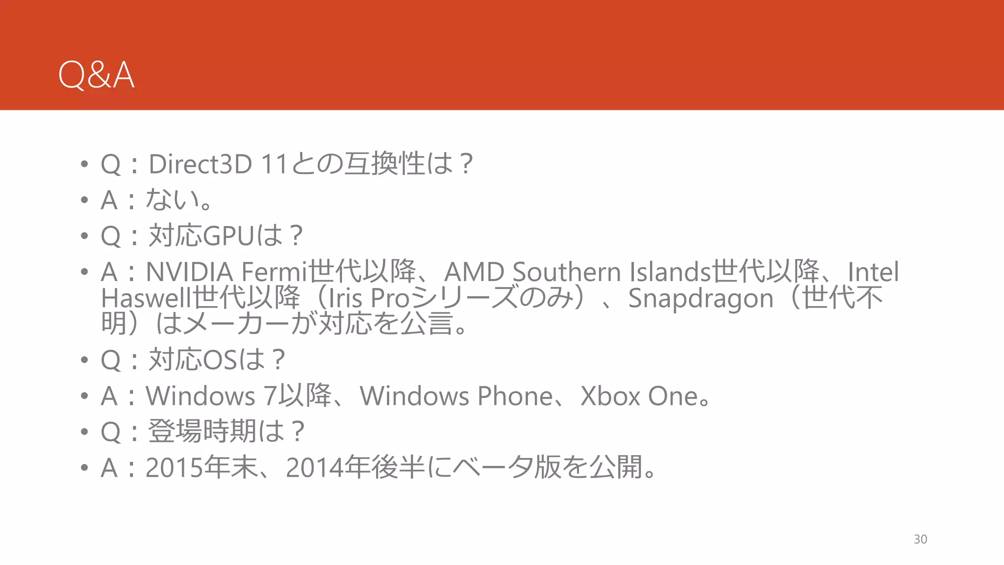 Q&A 
•Q：Direct3D 11との互換性は？ 
•A：ない。 
•Q：対応GPUは？ 
•A：NVIDIA Fermi世代以降、AMD Southern Islands世代以降、Intel Haswell世代以降（Iris Proシリーズのみ）、Snapdragon（世代不 明）はメーカーが対応を公言。 
•Q：対応OSは？ 
•A：Windows 7以降、Windows Phone、Xbox One。 
•Q：登場時期は？ 
•A：2015年末、2014年後半にベータ版を公開。 
30 
 