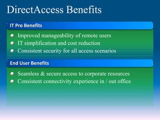 IT Pro Benefits
Improved manageability of remote users
IT simplification and cost reduction
Consistent security for all access scenarios
Seamless & secure access to corporate resources
Consistent connectivity experience in / out office
DirectAccess Benefits
End User Benefits
 