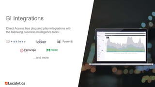 BI Integrations
Direct Access has plug and play integrations with
the following business intelligence tools:
…and more
 