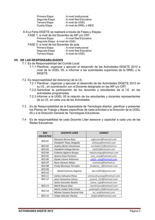 Primera Etapa          : A nivel Institucional
                  Segunda Etapa          : A nivel Red Educativa
                  Tercera Etapa          : A nivel de UGEL
                  Cuarta Etapa           : A nivel de DREL o MED

      6.4 La Feria DIGETE se realizará a través de Fases y Etapas :
          FASE 1: a nivel de los Docentes de AIP y/o CRT
                  Primera Etapa          : A nivel Red Educativa
                  Segunda Etapa : A nivel de UGEL
            FASE 2: a nivel de los Docentes de aula
                  Primera Etapa          : A nivel Institucional
                  Segunda Etapa          : A nivel Red Educativa
                  Tercera Etapa          : A nivel de UGEL

VII. DE LAS RESPONSABILIDADES
      7.1 Es de Responsabilidad del Comité Local:
           7.1.1 Planificar, organizar y ejecutar el desarrollo de las Actividades DIGETE 2012 a
                 nivel de la UGEL 05, e informar a las autoridades superiores de la DREL y la
                 DIGETE.

      7.2 Es responsabilidad del director(a) de la I.E,:
           7.2.1 Planificar, organizar y ejecutar el desarrollo de las Actividades DIGETE 2012 en
                 su I.E., en coordinación con el Docente designado en las AIP y/o CRT.
           7.2.2 Garantizar la participación de los docentes y estudiantes de la I.E. en las
                 actividades programadas
           7.2.3 Informar a la UGEL 05 la relación de los estudiantes y docentes representantes
                 de su I.E. en cada una de las Actividades.

      7.3    Es de Responsabilidad de la Especialista de Tecnología diseñar, planificar y presentar
             los Planes de Trabajo y Bases específicas de cada actividad a la Dirección de la UGEL
             05 y a la Dirección General de Tecnologías Educativas.

      7.4    Es de responsabilidad de cada Docente Líder asesorar y capacitar a cada una de las
             Redes Educativas:


                       RED            DOCENTE LIDER                     CORREO
                    EDUCATIVA
                                Giovanni Bruno Ruiz             egbrunor@hotmail.com
                      RED 01
                                Elizabeth Thays Delgado          elithays@hotmail.com
                      RED 02    Audrey Berta Hinostroza         anciladei11@hotmail.es
                      RED 03    Elizabeth Ortega Barros           ely652@hotmail.com
                      RED 04    Eriberto Agüero Ricapa        roboticolego@hotmail.com
                      RED 05    Jéssica Sosa Purizaca           jeni_sosa@hotmail.com
                      RED 06    Zayda Lázaro Palomino          zafiro_edu@hotmail.com
                      RED 07    Rosa Cántaro Mejía                rcantaro@hotmail.es
                      RED 08    Fredy Montoya Torrejón         fredyeva_1@hotmail.com
                      RED 09
                                   David Cisneros Zegarra          dacis2005@gmail.com
                      RED 10
                      RED 11    Carlos Cahuana Paiva        carloscahuanap@hotmail.com
                      RED 12    Jane Camarena Llanos          janecll_222@hotmail.com
                                Jaime Gonzales Basilio         jaime_vgb@hotmail.com
                      RED 13    Marilí Reyna Diaz             marilireyna@hotmail.com
                                María Ysabel Giles Casas     ysabelgiles18@hotmail.com
                      RED 14
                                Miriam Susana Durand Ysla         mi_du@hotmail.com
                      RED 15    Felipe Sánchez Pachas           felipes06@hotmail.com




   ACTIVIDADES DIGETE 2012                                                                 Página 3
 