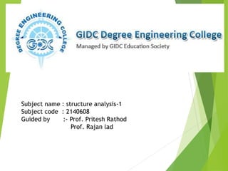 Subject name : structure analysis-1
Subject code : 2140608
Guided by :- Prof. Pritesh Rathod
Prof. Rajan lad
 