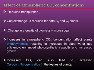 Effect of atmospheric CO2 concentration:-
 Reduced transpiration.
 Gas exchange is reduced for both C3 and C4 plants.
 Change in a quality of biomass – more sugar
 Increases in atmospheric CO2 concentration affect plants
photosynthesis, resulting in increases in plant water use
efficiency, enhanced photosynthetic capacity and increased
growth.
 Increased CO2 can also lead to increased
Carbon : Nitrogen ratios in the leaves of plants.
 