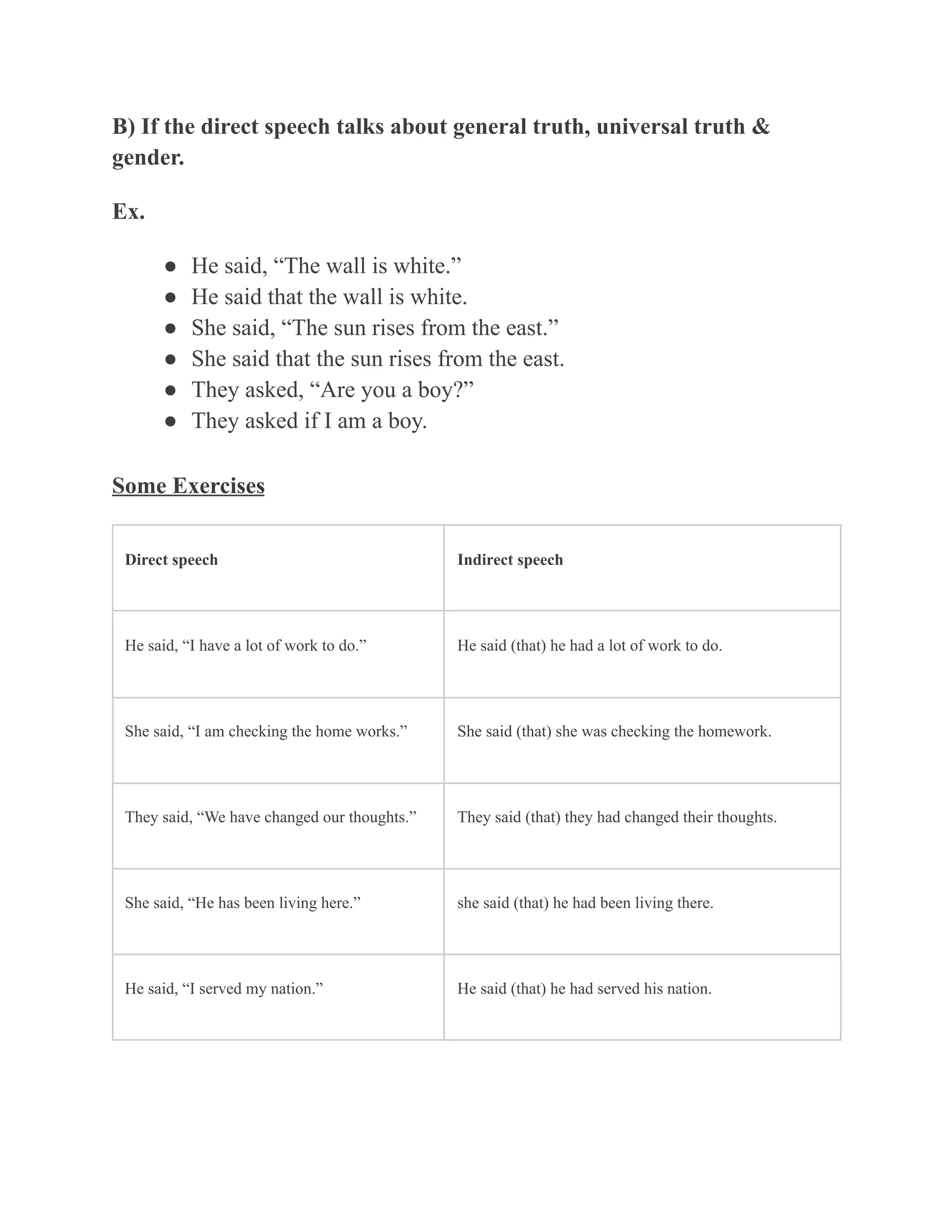 B) If the direct speech talks about general truth, universal truth &
gender.
Ex.
● He said, “The wall is white.”
● He said that the wall is white.
● She said, “The sun rises from the east.”
● She said that the sun rises from the east.
● They asked, “Are you a boy?”
● They asked if I am a boy.
Some Exercises
Direct speech Indirect speech
He said, “I have a lot of work to do.” He said (that) he had a lot of work to do.
She said, “I am checking the home works.” She said (that) she was checking the homework.
They said, “We have changed our thoughts.” They said (that) they had changed their thoughts.
She said, “He has been living here.” she said (that) he had been living there.
He said, “I served my nation.” He said (that) he had served his nation.
 